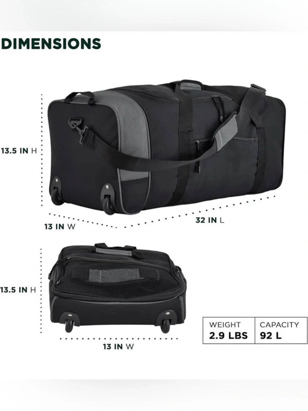 32 inch duffel bag expandable with two wheels and foldable to small size